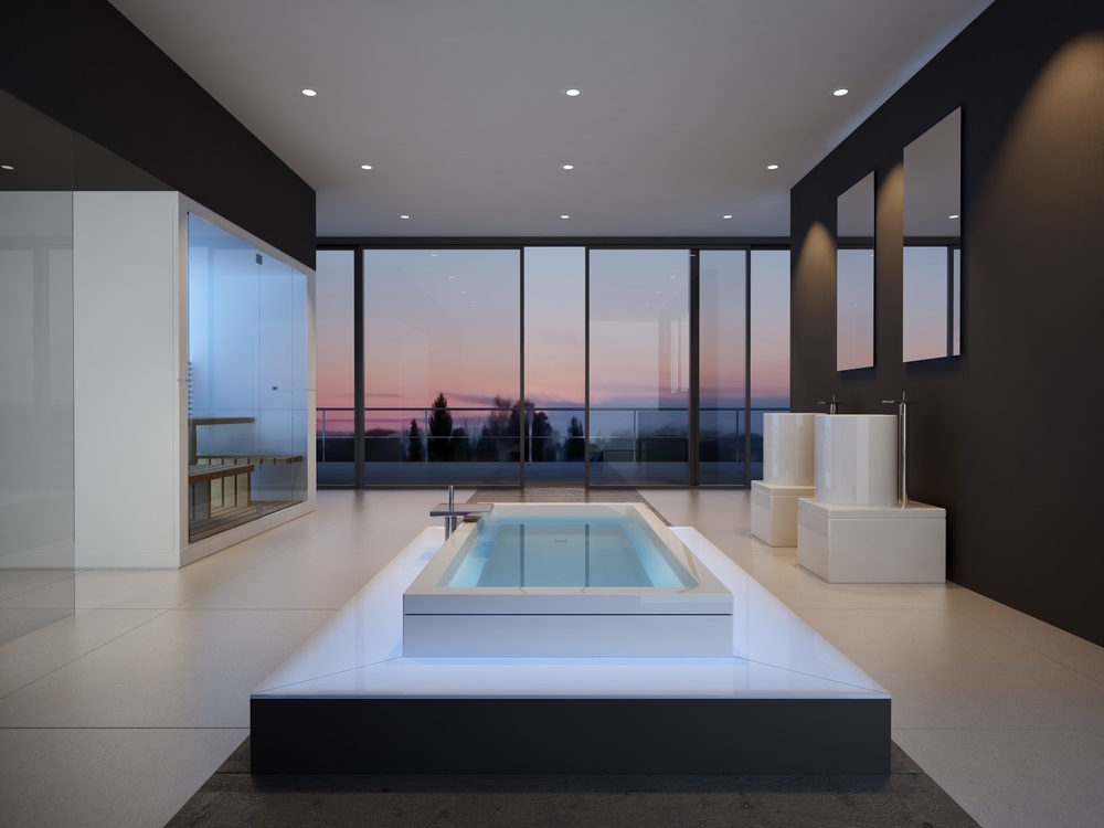 Luxury modern bathroom remodeling with a sunken tub, panoramic floor-to-ceiling windows, and minimalist design.