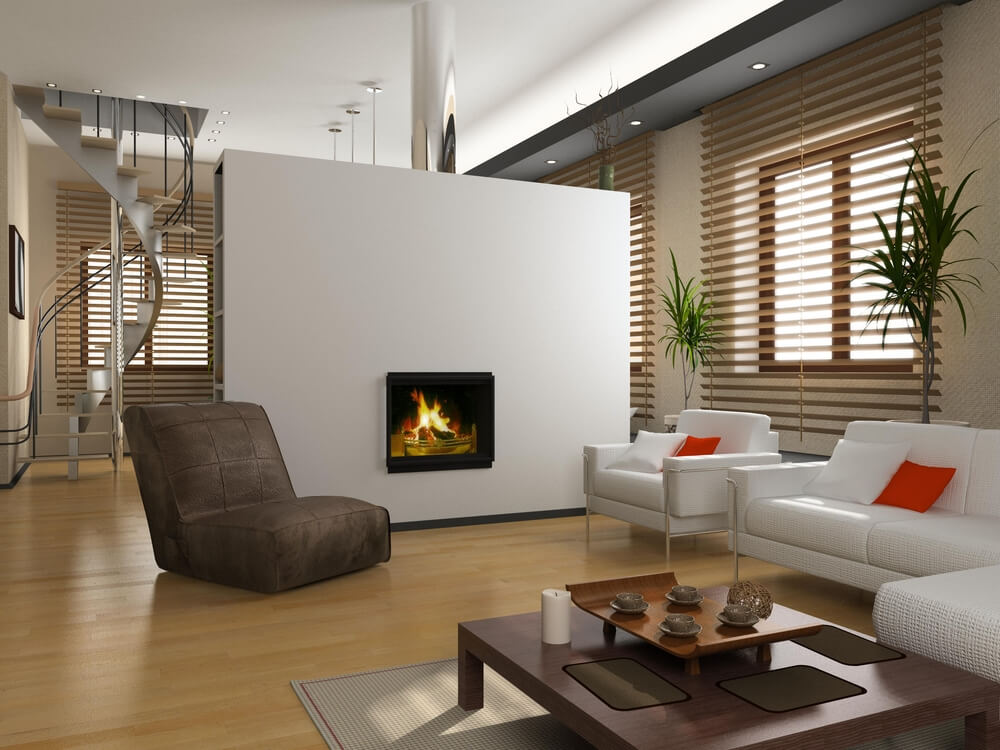 Home Remodeling Modern living room with minimalist design, featuring a sleek fireplace, white sofas, wooden flooring, and large windows for a bright and open atmosphere.