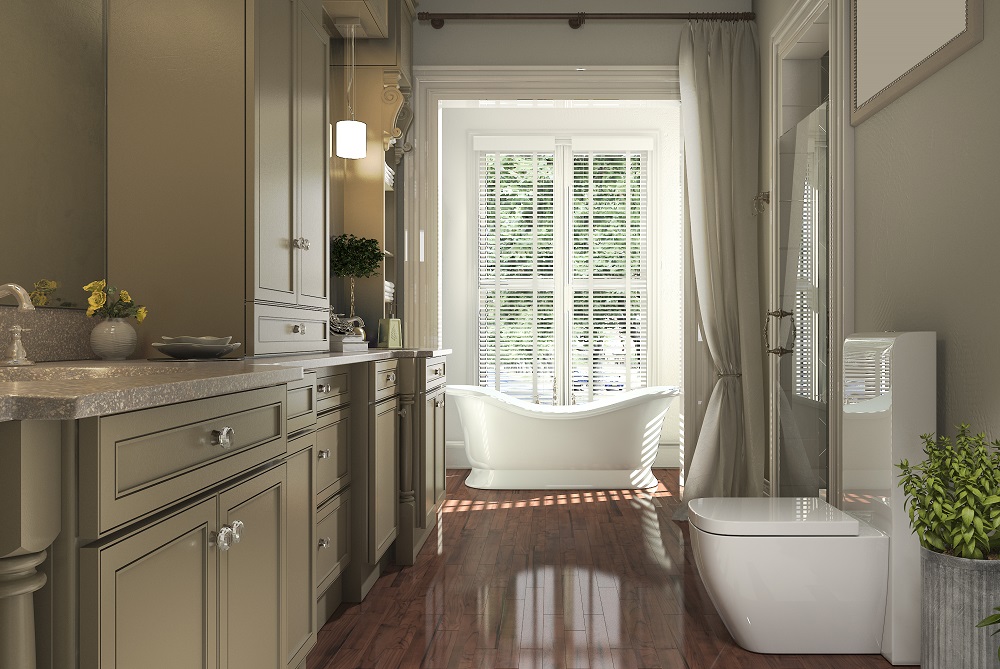 Elegant bathroom remodeling with a freestanding tub, classic vanity, soft lighting, and large window overlooking greenery for a serene and luxurious atmosphere.